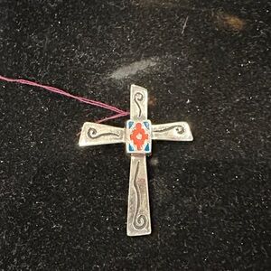 Silver Cross Pendant with Red and Blue Enamel